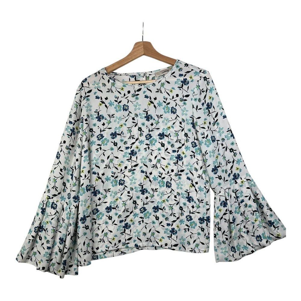 Loft‎ Floral Print Bell Sleeve Blouse size XS White/Blue/Green